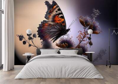  a butterfly flying over a flower with a sky background behind it and a chair in the background with a chair on it and a plant in the foreground.  generative ai Wall mural