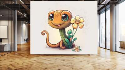  a cartoon lizard with a flower in its mouth and a smile on its face, sitting on a flower stem, with a white background with a little speckled dots of tiny dots and a.  generative ai Wall mural