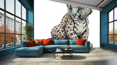  a cartoon snow leopard sitting down with blue eyes and a black spot on its face, looking at the camera, with a white background, with a black spots, and a white background.  generative ai Wall mural