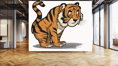  a cartoon tiger standing on one leg and looking at the camera with a sad look on its face and a tail, with a white background, with a white background, with a black and.  generative ai Wall mural