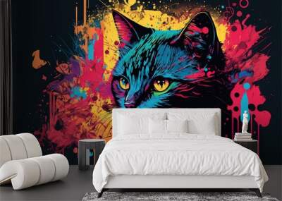  a cat with a colorful background and a black background with a splash of paint on it's face and a black background with a white cat with a blue, yellow, red,  generative ai Wall mural