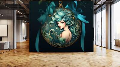  a christmas ornament with a woman's face and a blue ribbon hanging from it's side. Wall mural