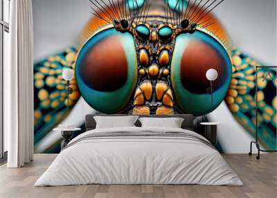  a close up of a blue and orange insect's face and wings with a white background and a black border around the eyes and bottom half of the image of the insect's head. generative ai Wall mural