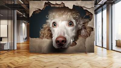  a close up of a dog's face through a hole in a wall with a hole in the wall and a hole in the wall with a dog's hair. Wall mural