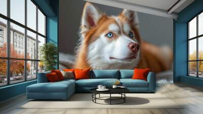  a close up of a dog with blue eyes laying on a blanket with a blanket on it's back. Wall mural