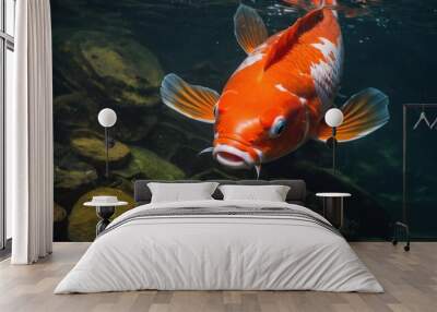  a close up of a fish in a body of water with rocks in the foreground and a rock wall in the background. Wall mural