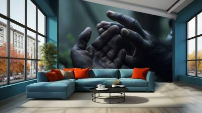  a close up of a person's hands with a monkey in the background holding something in the air with their hands and a gorilla in the foreground.  generative ai Wall mural