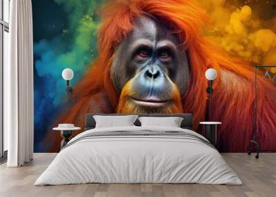  a close up of an oranguel with orange hair and a blue and yellow smoke cloud in the background. Wall mural