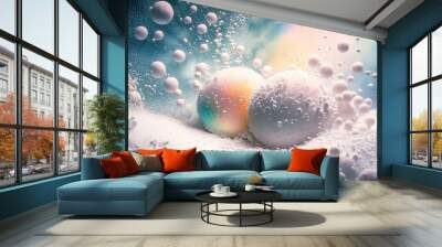  a close up of two balls in a liquid filled area with a rainbow in the background and bubbles on the bottom of the image and bottom half of the image.  generative ai Wall mural