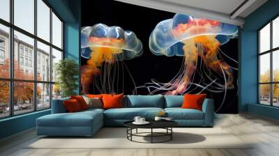  a close up of two jellyfish in the water with one jellyfish in the foreground and one jellyfish in the middle of the frame, on a black background. Wall mural