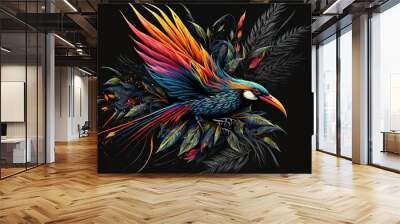  a colorful bird with feathers on a black background with a black background and a black background with a black background. generative ai Wall mural