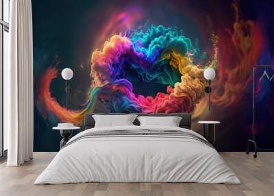  a colorful cloud of smoke floating in the air with a dark background and a blue sky in the background with a rainbow colored cloud in the center of smoke, and a black background,. generative ai Wall mural