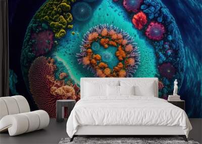  a colorful coral reef with a blue background and a circular shape in the center of the coral reef is a blue and orange color. Generative AI Wall mural