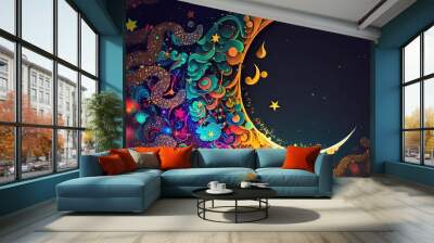  a colorful crescent with stars and swirls on a dark background.  generative ai Wall mural