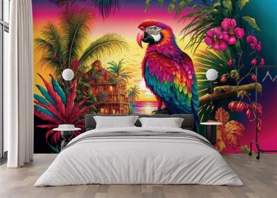  a colorful parrot perched on a tree branch in a tropical setting with flowers and a bird house in the background. Generative AI Wall mural