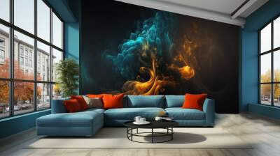  a colorful smoke cloud is shown in this image, it looks like it is floating in the air and is very dark and blue and yellow, with a black background, and a black. generative ai generative ai Wall mural