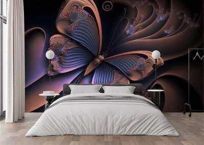  a computer generated image of a butterfly with a blue and pink wings on a black background with swirls and spirals in the middle.  generative ai Wall mural