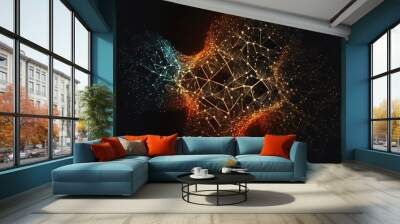  a computer generated image of a network of connected lines and dots in orange, blue, and yellow colors on a black background with a black background that is also a bit of a bit. generative ai Wall mural