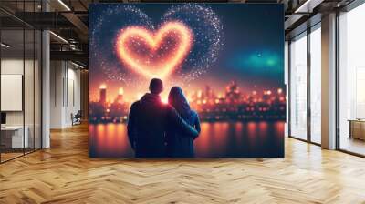  a couple looking at a heart shaped fireworks display in the sky over a city at night with a city skyline in the background and a bright red heart in the sky with stars in the.  generative Wall mural