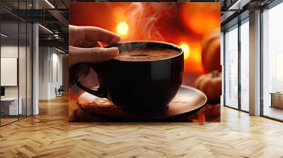  a cup of hot chocolate on a saucer with a hand holding a hot chocolate in front of a lit background with pumpkins and a hand holding a cup of hot chocolate.  generative ai Wall mural