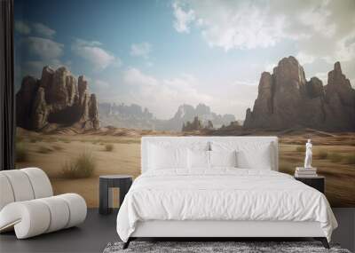  a desert landscape with rocks and grass in the foreground.  generative ai Wall mural