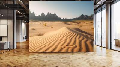  a desert landscape with sand dunes and mountains in the background.  generative ai Wall mural