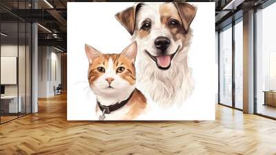  a dog and a cat are drawn in watercolors.  generative ai Wall mural