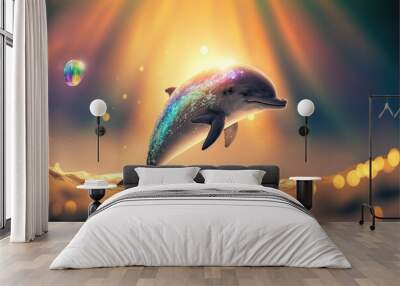  a dolphin is jumping out of the water with bubbles in its mouth and a rainbow - colored tail is visible in the background of the image, with a bright light shining rays  Generative AI Wall mural