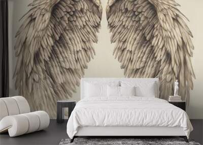  a drawing of two large, white, angel - like wings with one wing folded back and the other wing folded down, with a light background.  generative ai Wall mural