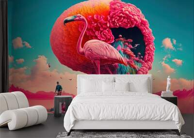  a flamingo standing on a small island with a man on a bicycle in the background and a pink sky. generative ai Wall mural