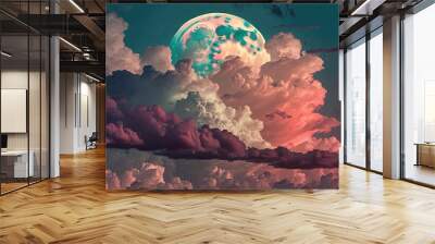  a full moon in the sky with clouds in the foreground and a pink and blue sky with clouds in the background and a full moon in the distance.  generative ai Wall mural