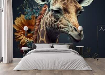  a giraffe with flowers on it's head and a flower arrangement on its neck and neck, against a dark background with a black backdrop of flowers and leaves and a blue sky. generative ai Wall mural