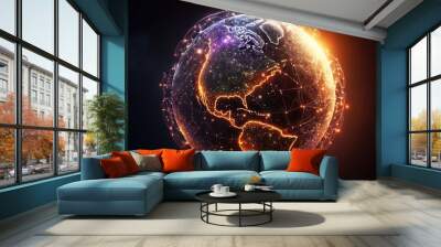  a globe with a network of lights around it and a dark background with a black background and a yellow and purple background with a blue border with a white border and oran Generative AI Wall mural