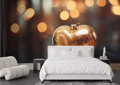  a golden heart shaped ornament sitting on a table in front of a blurry background of christmas lights. Wall mural