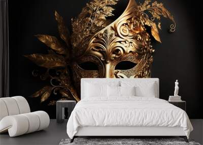  a golden mask with leaves on it on a black background with a gold filigreet on the face. Generative AI Wall mural