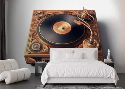  a golden record player with a black record on it's side and a white background with a gold border around it and a white background with a gold border and black border with a. generative ai Wall mural