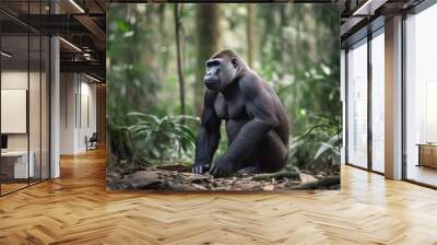  a gorilla sitting in the middle of a forest of trees.  generative ai Wall mural