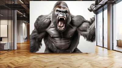  a gorilla with its mouth open and it's mouth wide open and it's hands in the air.  generative ai Wall mural