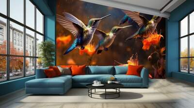  a group of birds flying over a bunch of orange flowers.  generative ai Wall mural