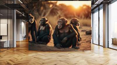  a group of chimpanllas sitting on a dirt ground at sunset with trees in the background and a person standing in the foreground with a camera in the foreground with a., ai, Generative Wall mural