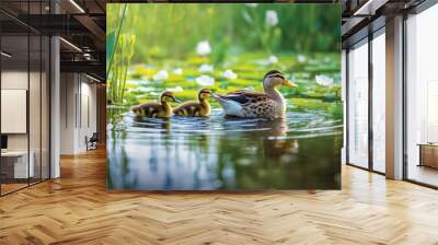  a group of ducks floating on top of a lake next to tall grass.  generative ai Wall mural