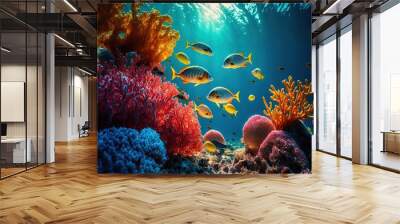  a group of fish swimming over a coral reef in the ocean with soft blue water and sunlight shining on the corals and corals and corals below the water surface, with soft. generative ai Wall mural