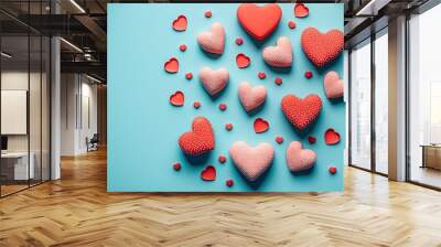  a group of heart shaped cookies sitting on top of a blue table next to a cup of coffee and a cup of coffee on top of a plate.  generative ai Wall mural