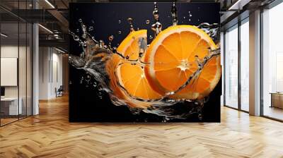  a group of oranges with water splashing out of them on a black background with a black back ground. Wall mural