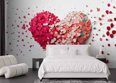  a heart shaped box with confetti on a white background with confetti scattered around it and a few hearts scattered around it. Generative AI Wall mural