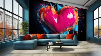  a heart shaped object with colorful paint splattered on it's sides and a black background with blue, pink, and orange drops of paint. Wall mural