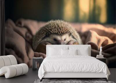  a hedgehog curled up in a blanket on top of a bed with a blanket on it's back and a pillow on top of it's back. Generative AI Wall mural