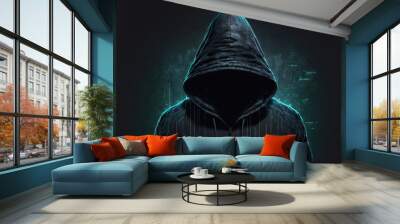  a hooded man in a dark hoodie with a green background and a city skyline in the background with lines. Generative AI Wall mural