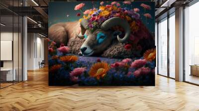  a horned animal with flowers on its head is laying in a field of wildflowers and daisies on a dark background with a full moon in the sky above the horizon behind it. Generative AI Wall mural