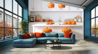  a kitchen with two stools that have pumpkins on them and a potted plant in the middle of the counter.  generative ai Wall mural